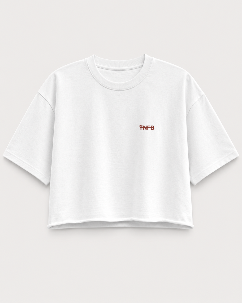 Weißes oversized medium cropped boxy T-Shirt mit YNFB front Logo rot auf mock up 