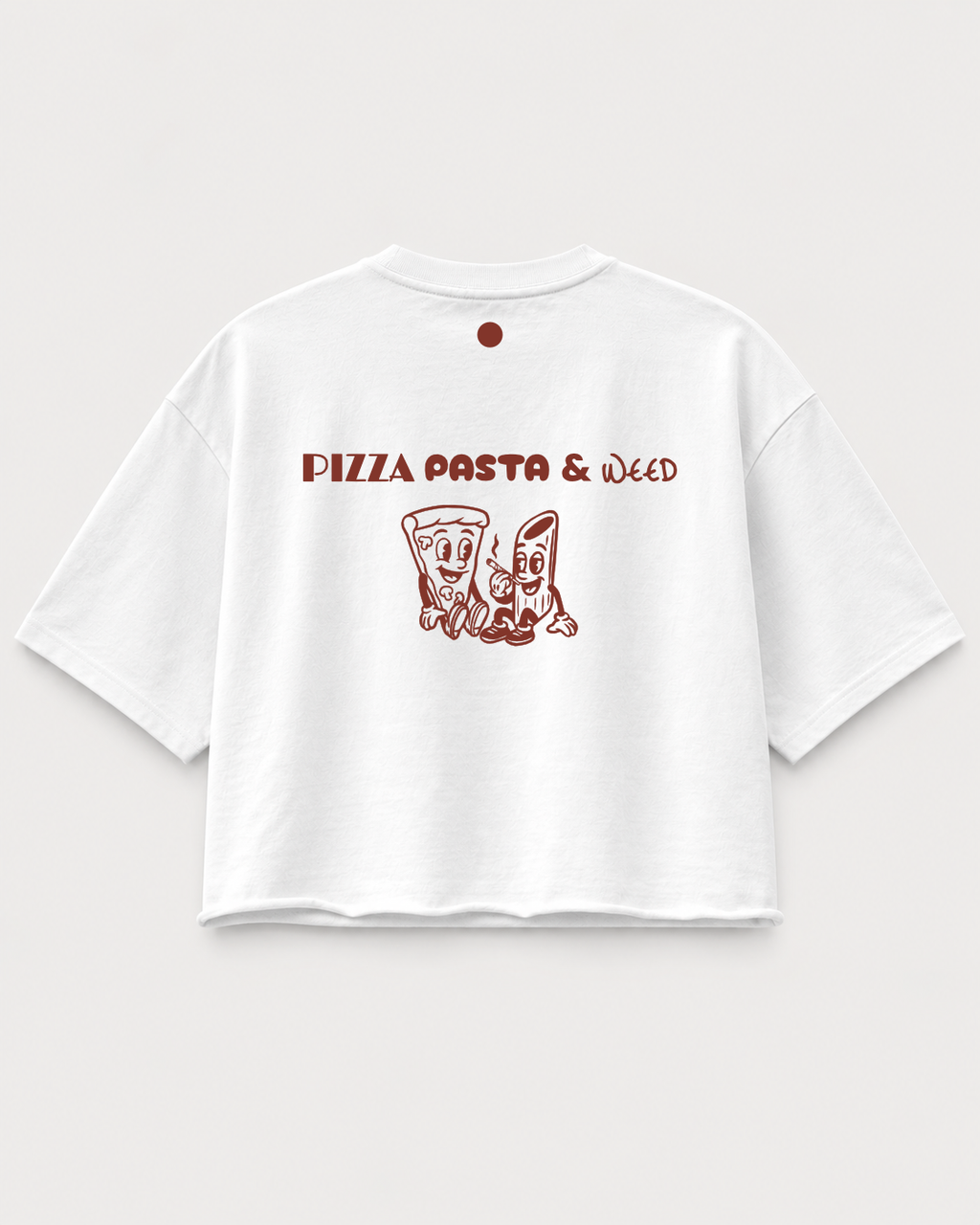 Weißes oversized medium cropped boxy T-Shirt mit Pizza Pasta Weed backprint auf mock up 