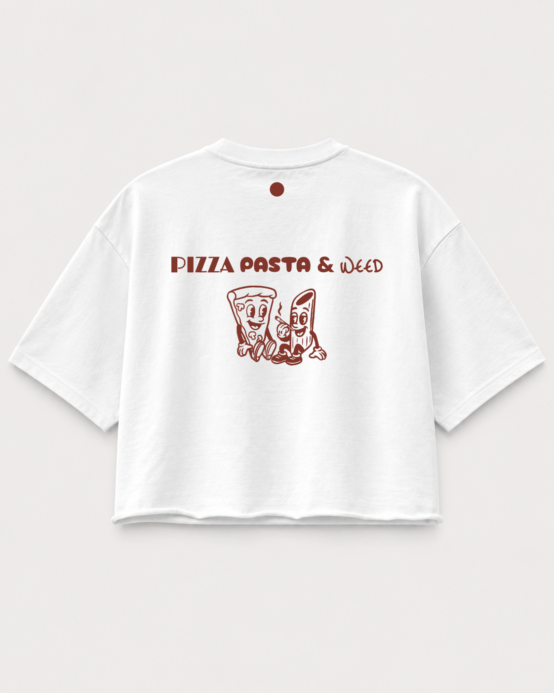 Weißes oversized medium cropped boxy T-Shirt mit Pizza Pasta Weed backprint auf mock up 
